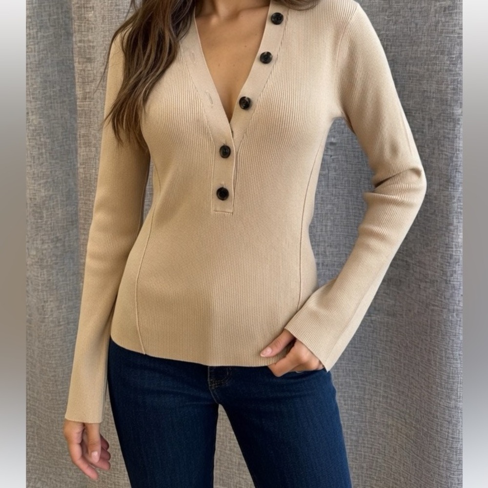 Clearance FRAME Button-Accent Ribbed V-Neck Sweater in Beige